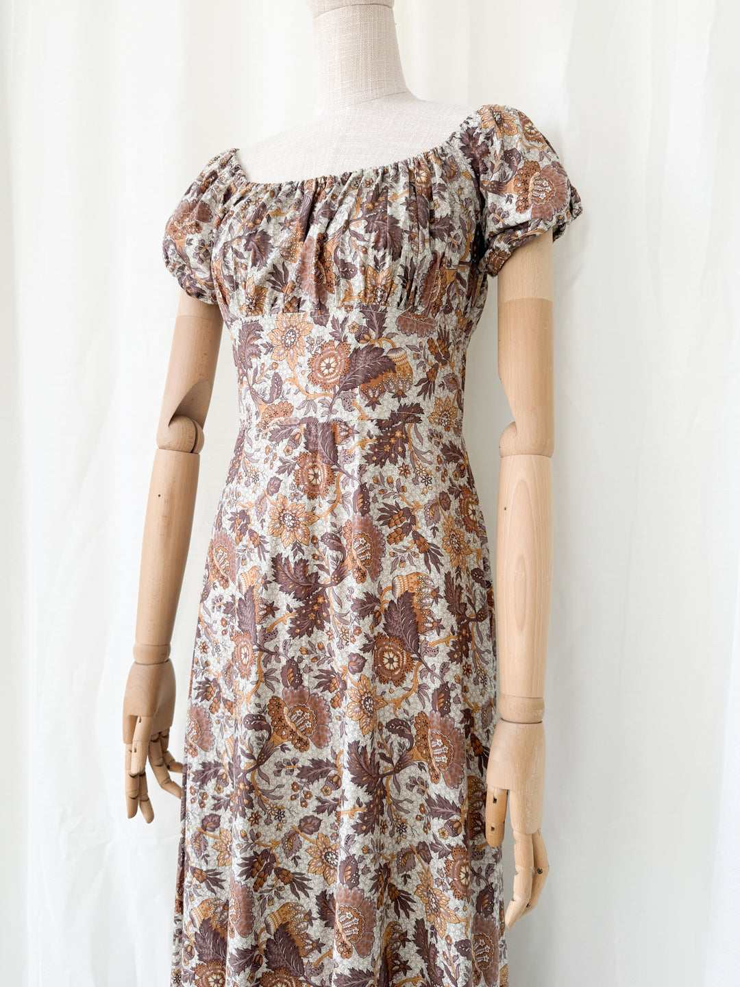 Dreamy Rare 1970s Brown Floral Cotton Bohemian Maxi Dress