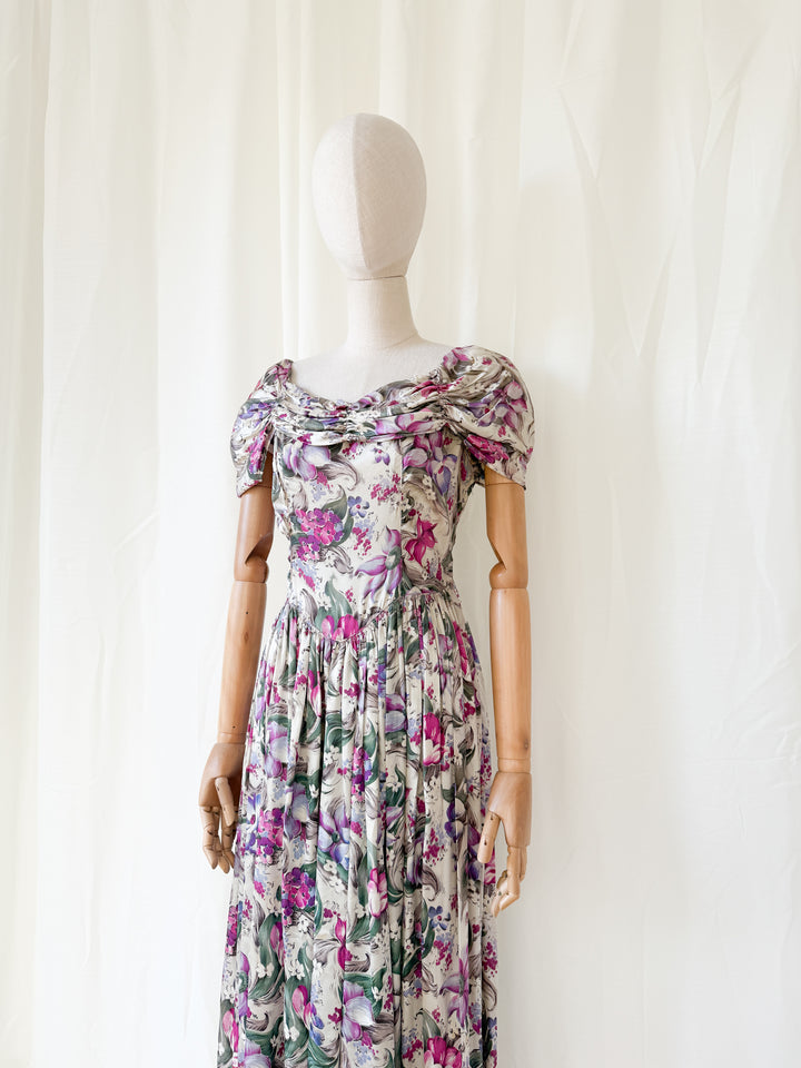 Insanely Precious Rare 1940s Floral Satin Rayon Floral Maxi Dress