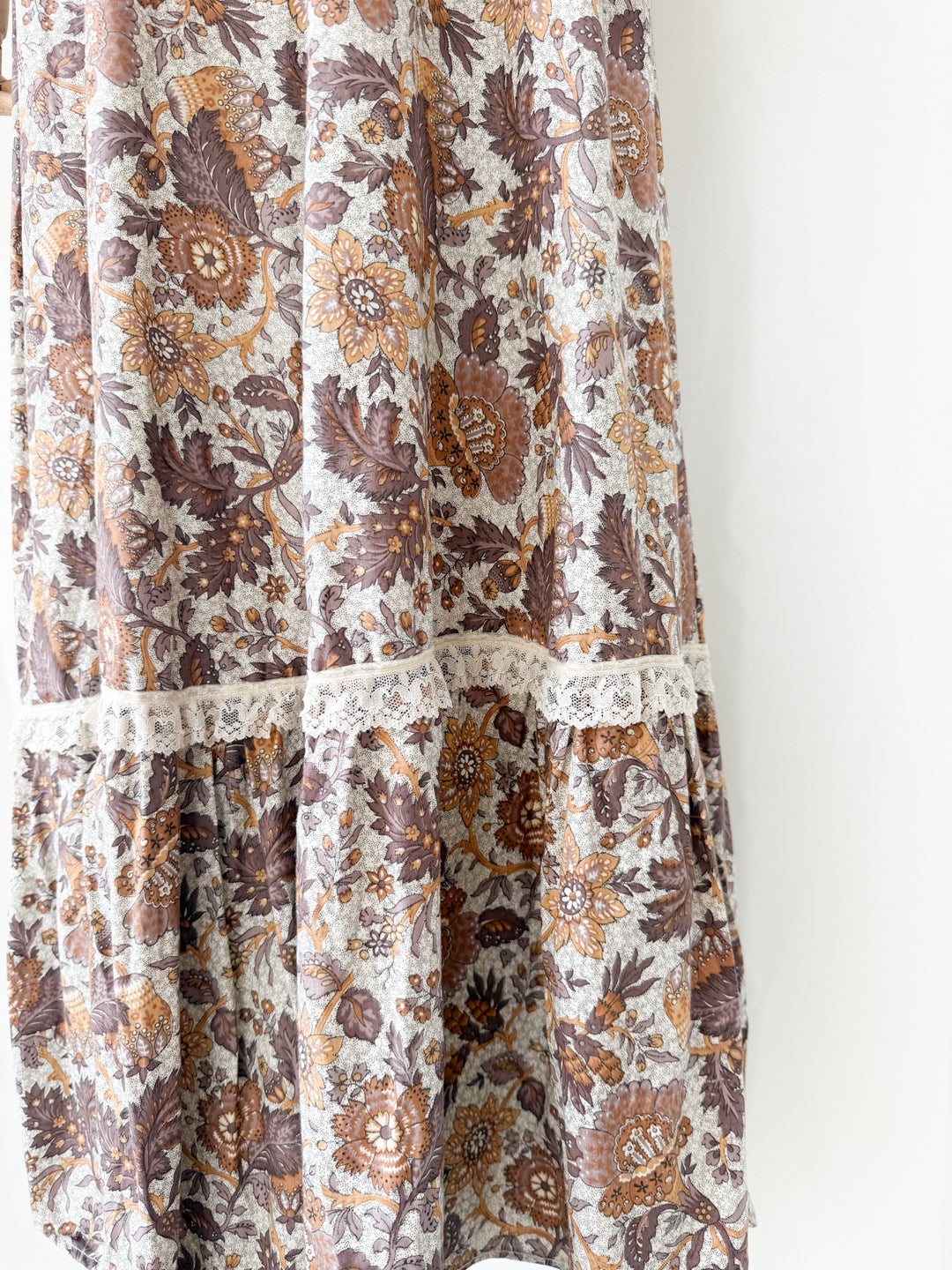 Dreamy Rare 1970s Brown Floral Cotton Bohemian Maxi Dress