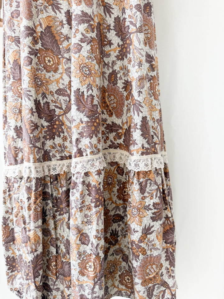 Dreamy Rare 1970s Brown Floral Cotton Bohemian Maxi Dress