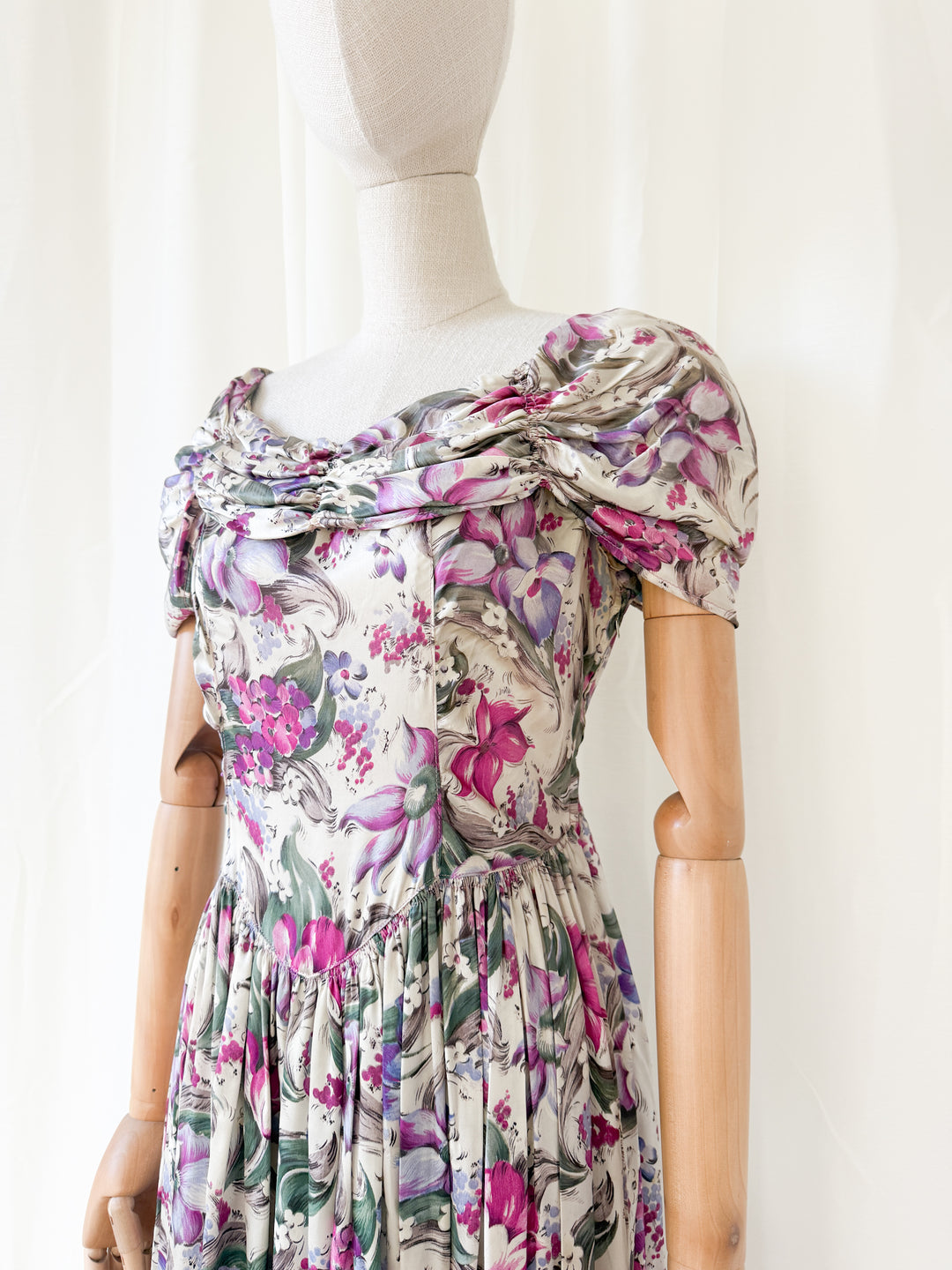 Insanely Precious Rare 1940s Floral Satin Rayon Floral Maxi Dress