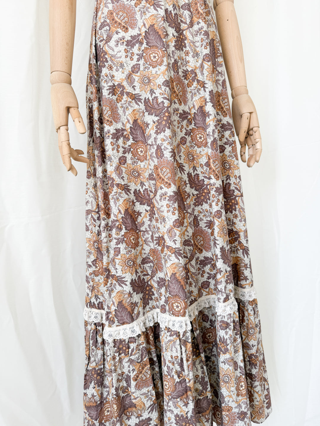 Dreamy Rare 1970s Brown Floral Cotton Bohemian Maxi Dress