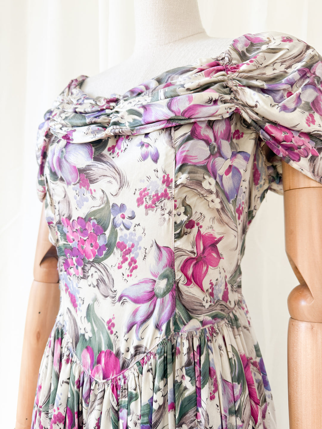 Insanely Precious Rare 1940s Floral Satin Rayon Floral Maxi Dress