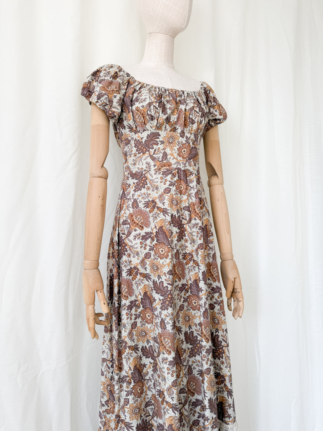 Dreamy Rare 1970s Brown Floral Cotton Bohemian Maxi Dress