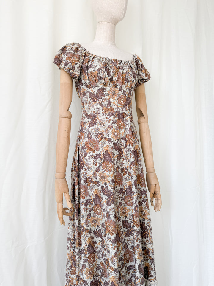 Dreamy Rare 1970s Brown Floral Cotton Bohemian Maxi Dress