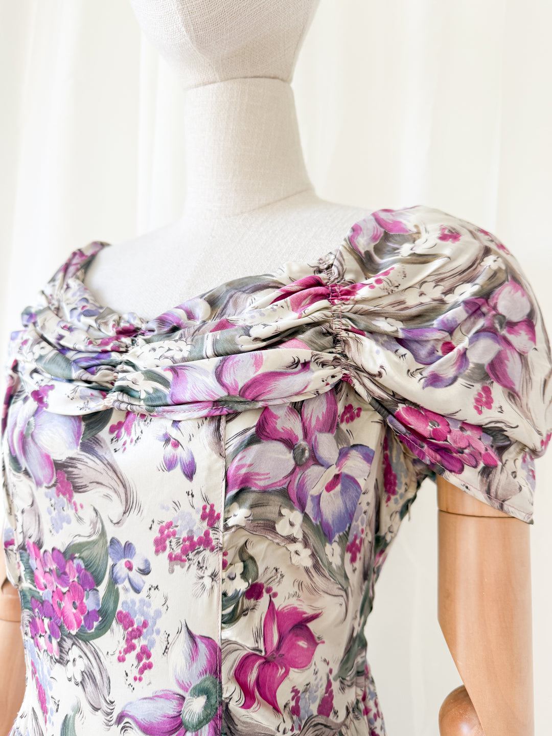 Insanely Precious Rare 1940s Floral Satin Rayon Floral Maxi Dress