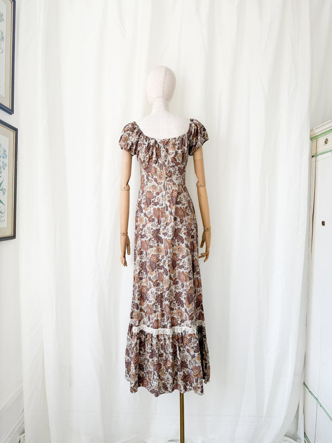 Dreamy Rare 1970s Brown Floral Cotton Bohemian Maxi Dress