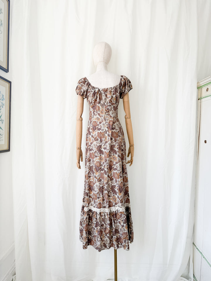 Dreamy Rare 1970s Brown Floral Cotton Bohemian Maxi Dress