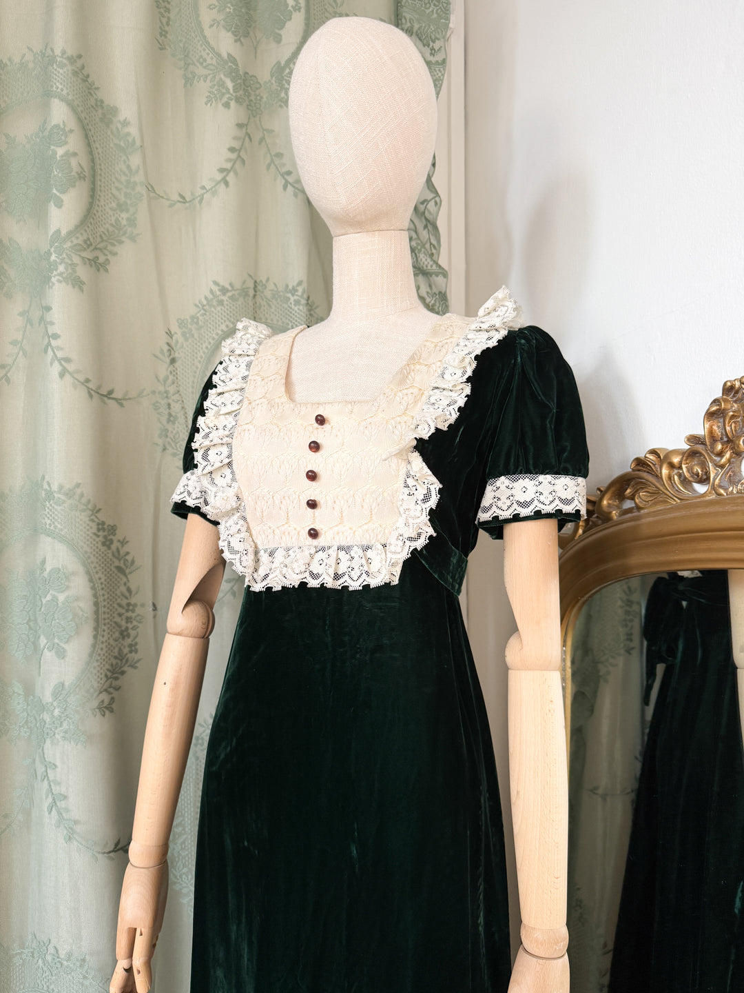 POISON ~ HAUNTING RARE LATE 1960S GREEN VELVET LACE BIB MAXI DRESS