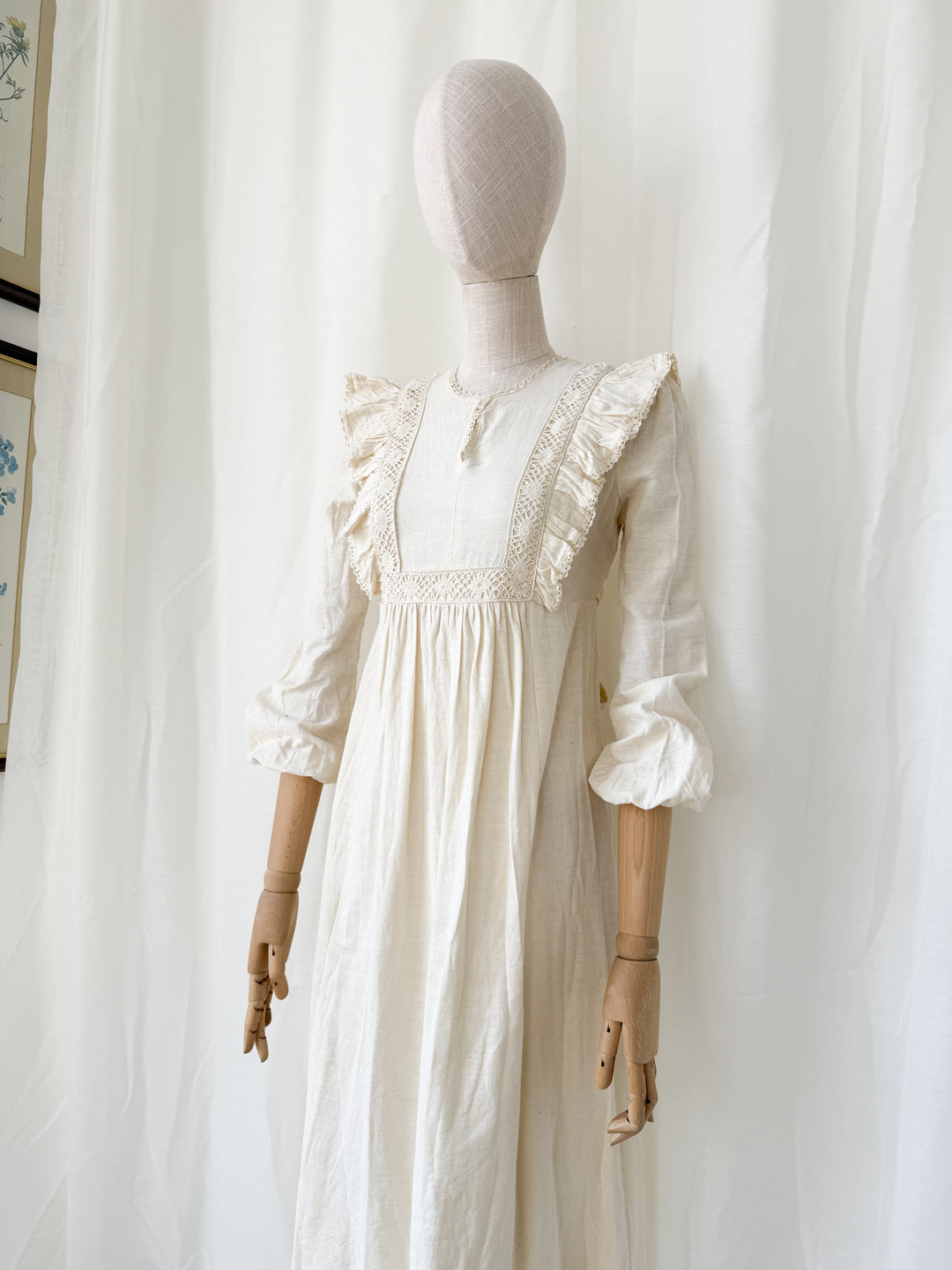 Stunning Rare 1970s Cotton Muslin Lace Trimmed Bohemian Maxi Dress