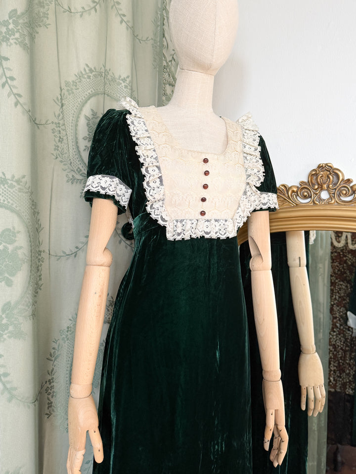 POISON ~ HAUNTING RARE LATE 1960S GREEN VELVET LACE BIB MAXI DRESS