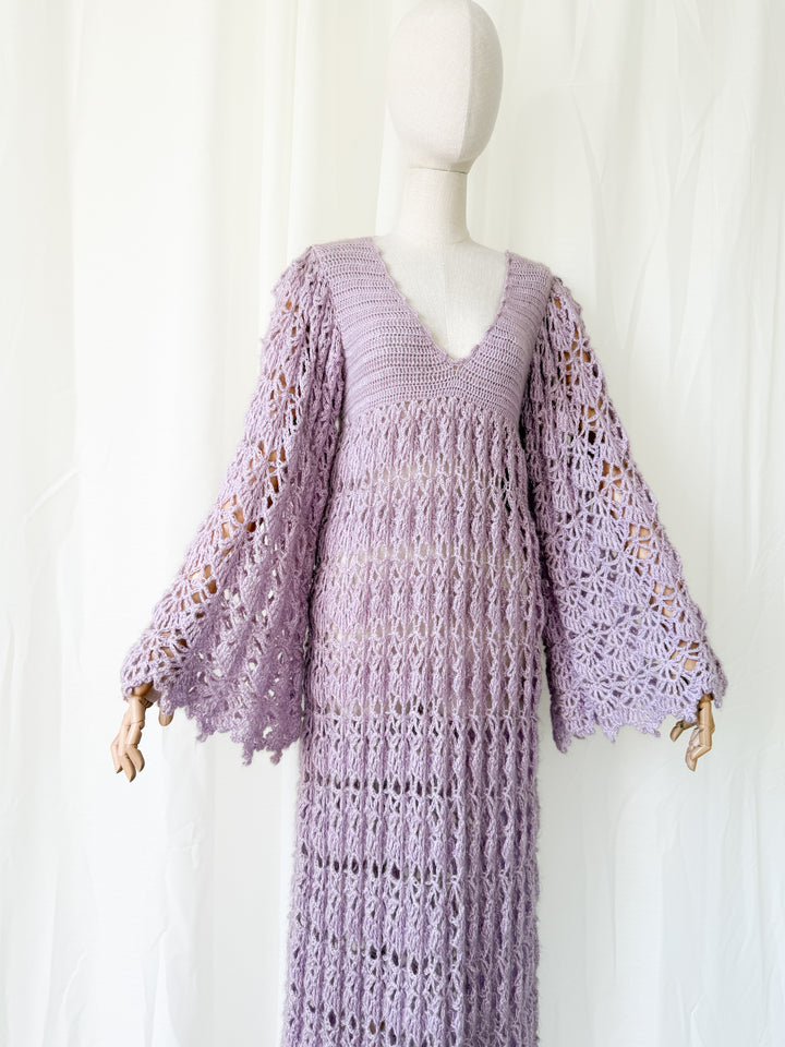 Holy Grail Precious Rare 1970s Lilac Crochet Maxi Dress