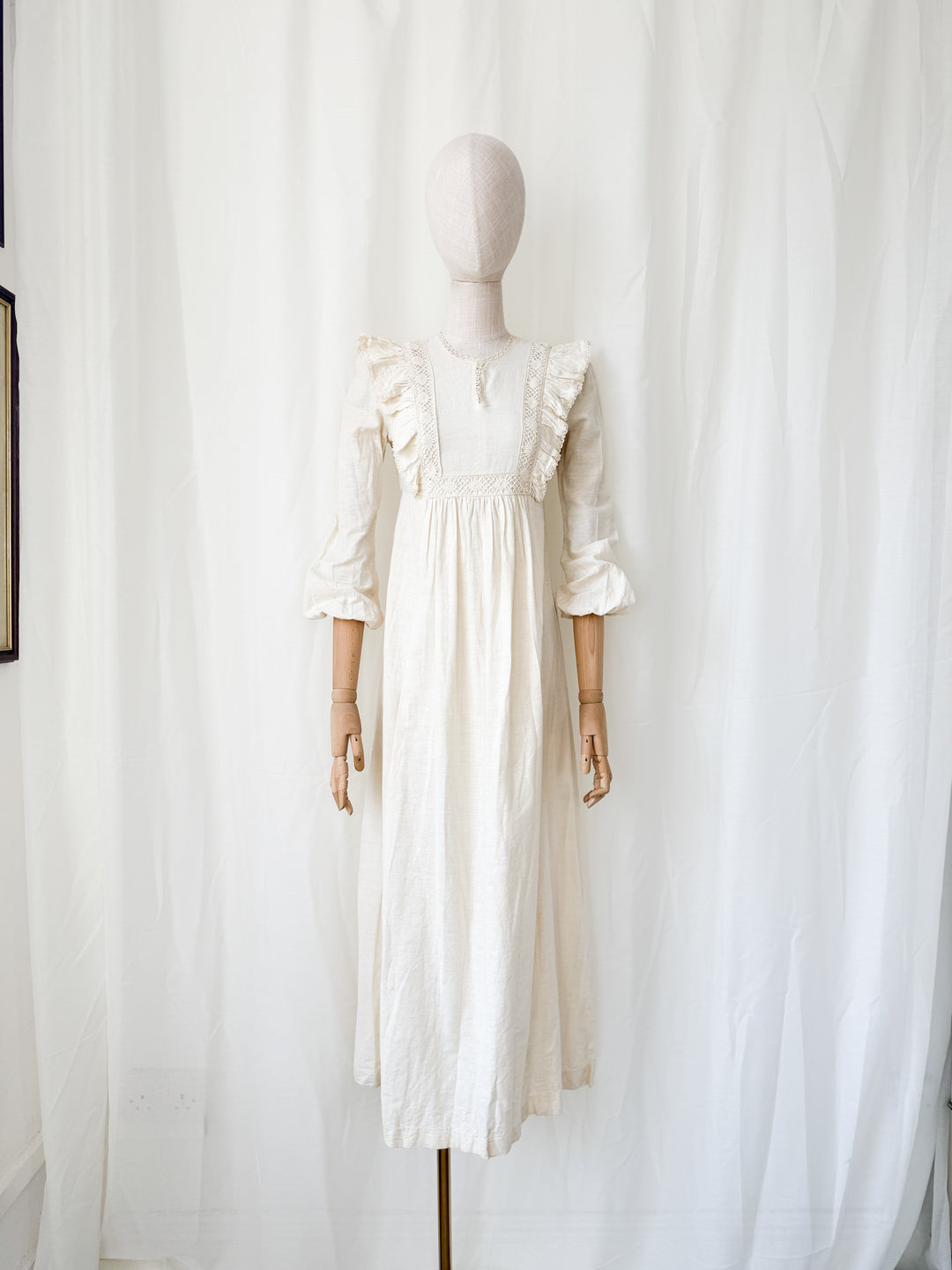 Stunning Rare 1970s Cotton Muslin Lace Trimmed Bohemian Maxi Dress