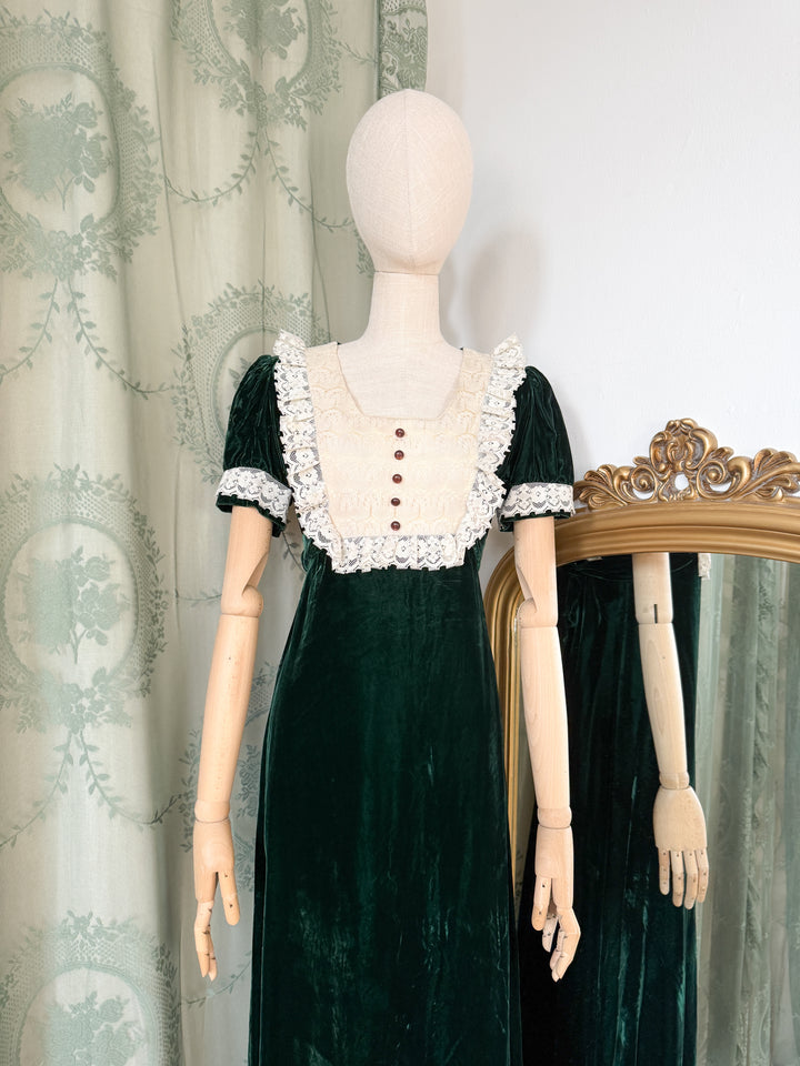 POISON ~ HAUNTING RARE LATE 1960S GREEN VELVET LACE BIB MAXI DRESS