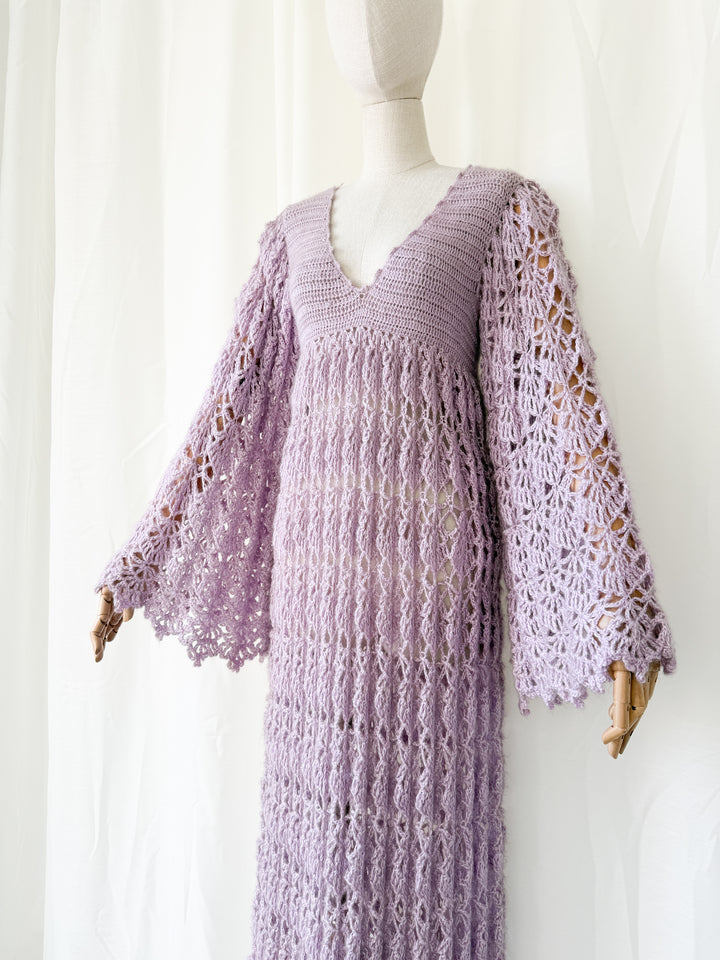 Holy Grail Precious Rare 1970s Lilac Crochet Maxi Dress