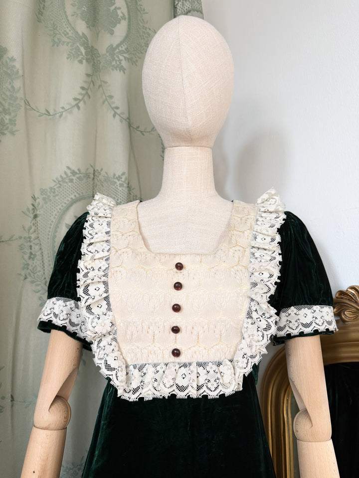POISON ~ HAUNTING RARE LATE 1960S GREEN VELVET LACE BIB MAXI DRESS