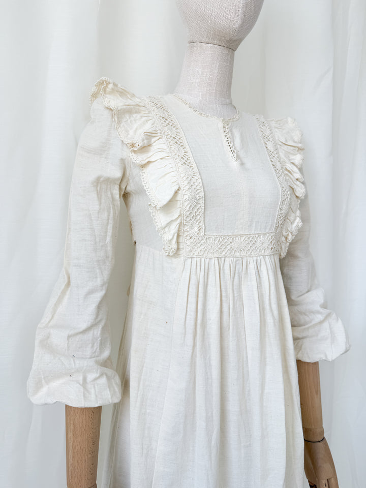 Stunning Rare 1970s Cotton Muslin Lace Trimmed Bohemian Maxi Dress