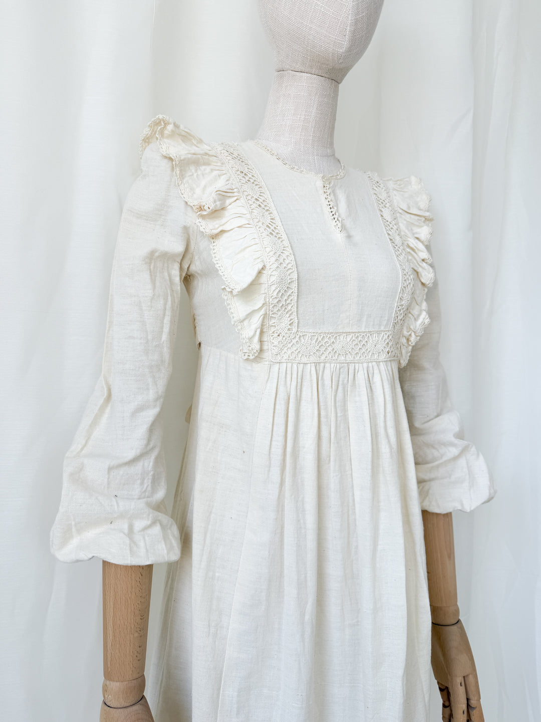 Stunning Rare 1970s Cotton Muslin Lace Trimmed Bohemian Maxi Dress