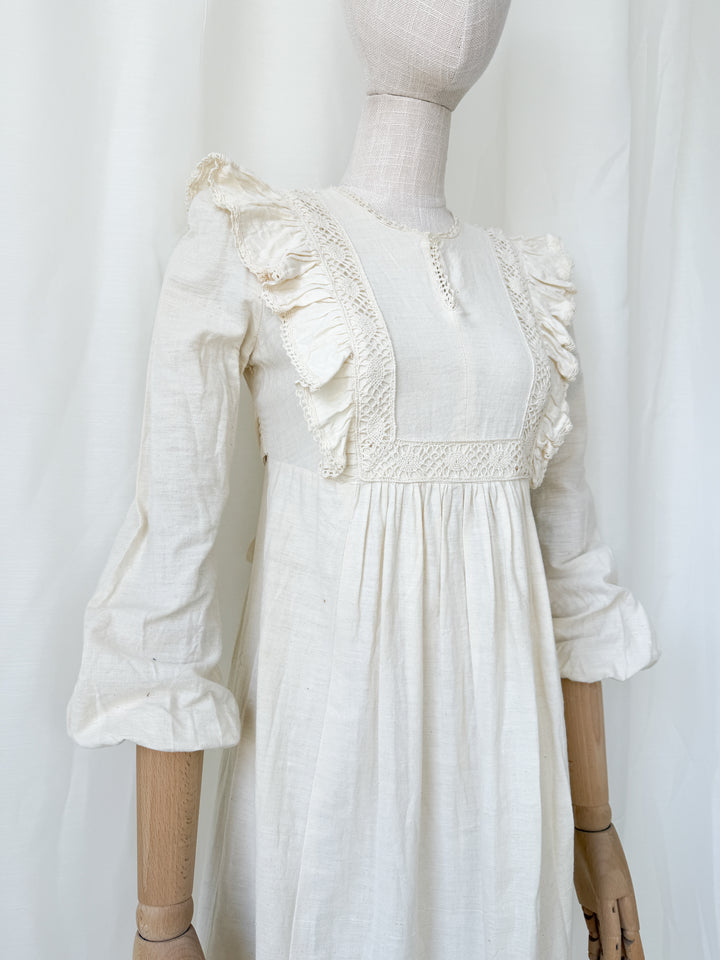 Stunning Rare 1970s Cotton Muslin Lace Trimmed Bohemian Maxi Dress