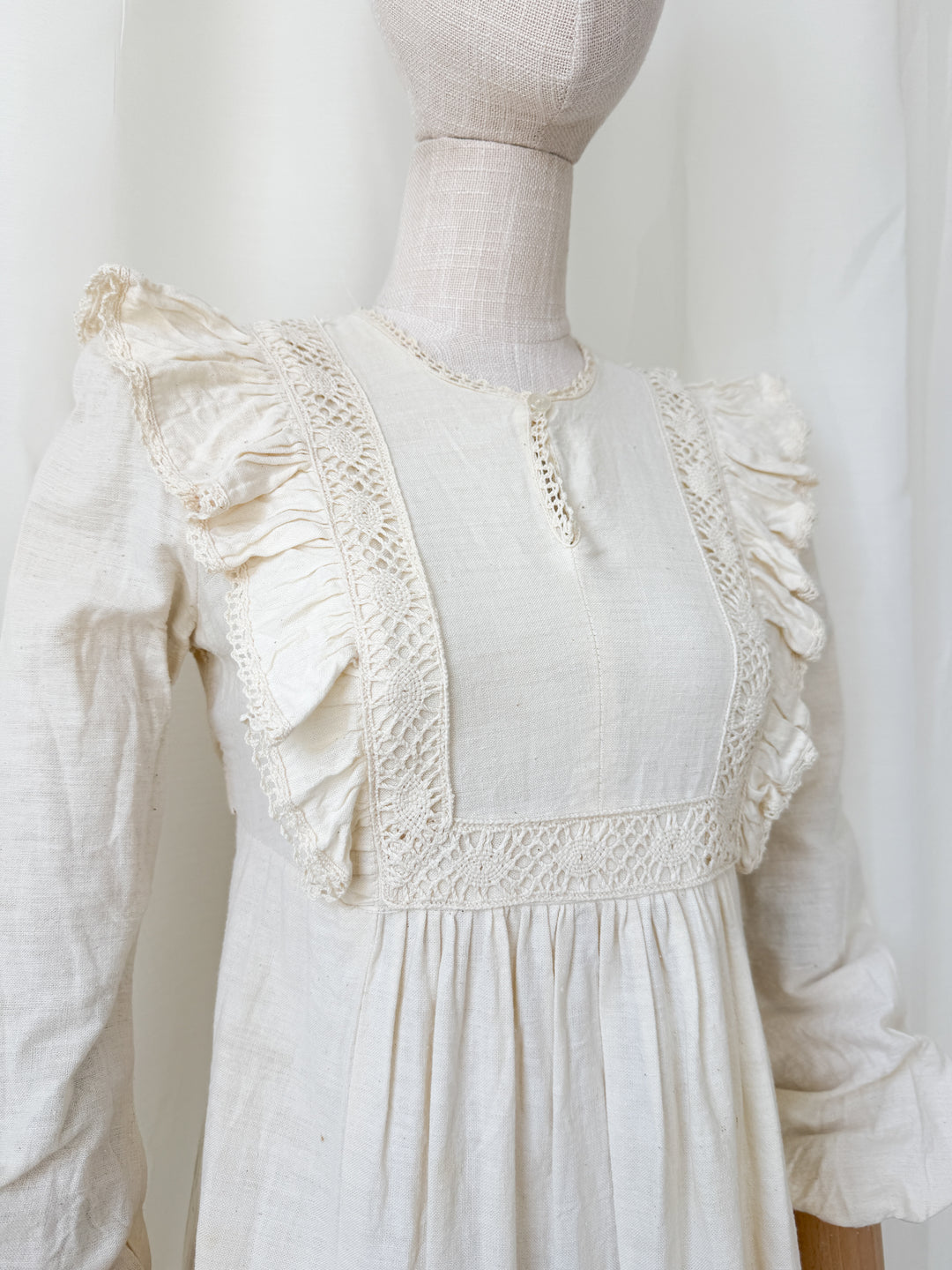 Stunning Rare 1970s Cotton Muslin Lace Trimmed Bohemian Maxi Dress