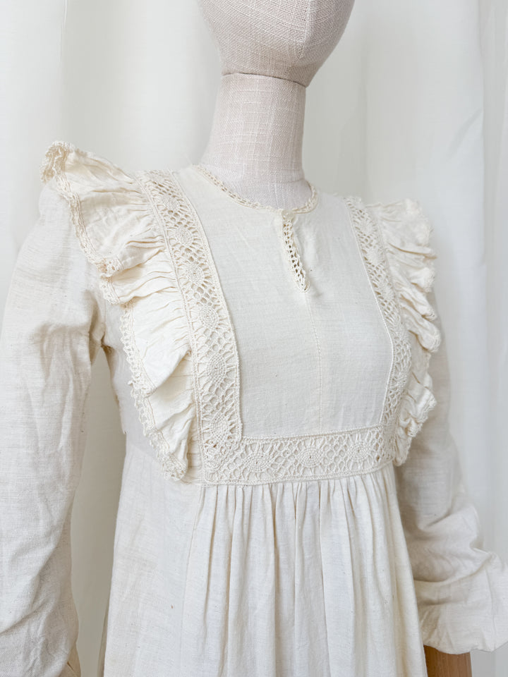 Stunning Rare 1970s Cotton Muslin Lace Trimmed Bohemian Maxi Dress