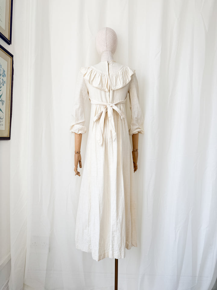 Stunning Rare 1970s Cotton Muslin Lace Trimmed Bohemian Maxi Dress