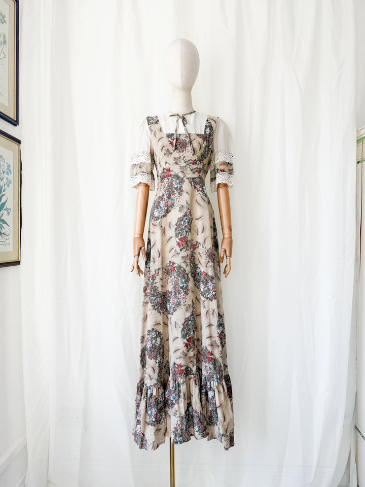 Gorgeous 1970s Natural Raw Cotton Floral Bohemian Maxi Dress by Leygil