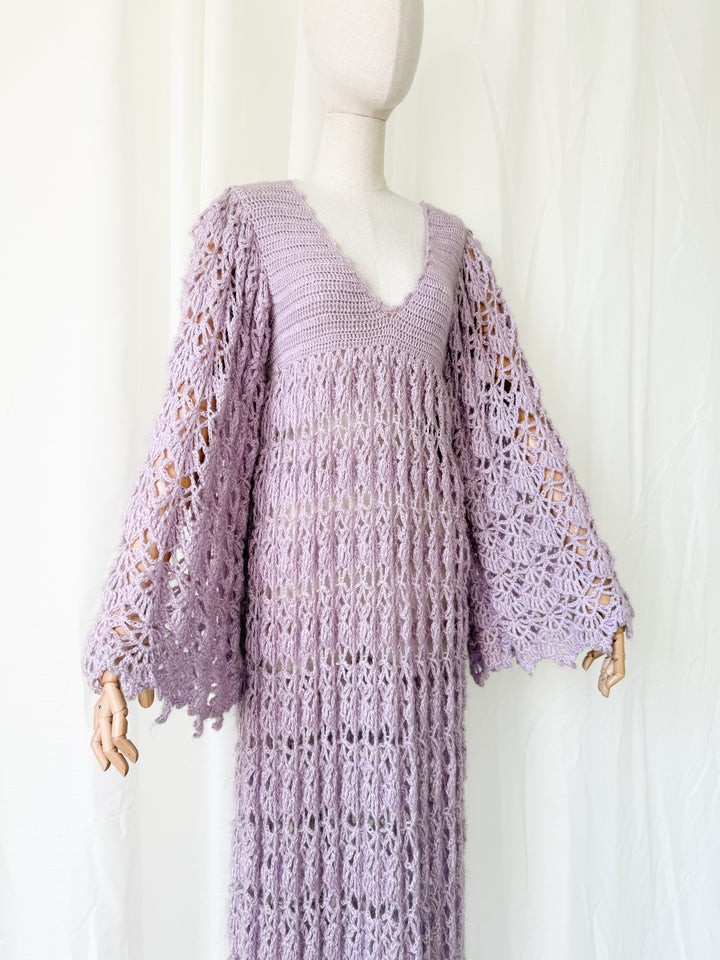 Holy Grail Precious Rare 1970s Lilac Crochet Maxi Dress