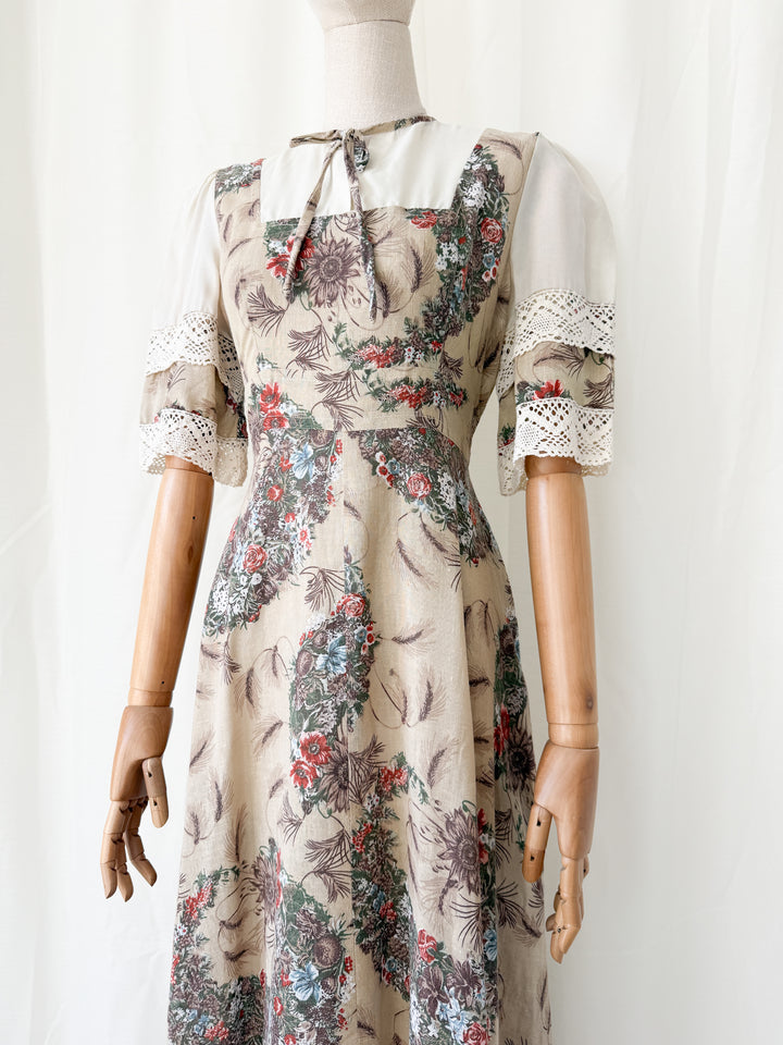 Gorgeous 1970s Natural Raw Cotton Floral Bohemian Maxi Dress by Leygil