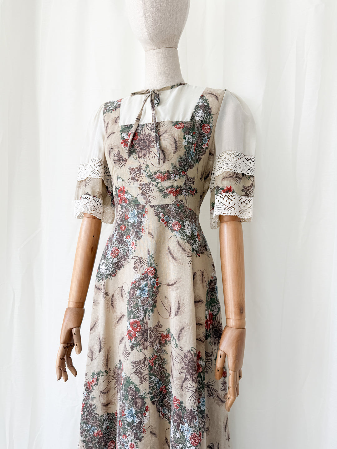 Gorgeous 1970s Natural Raw Cotton Floral Bohemian Maxi Dress by Leygil