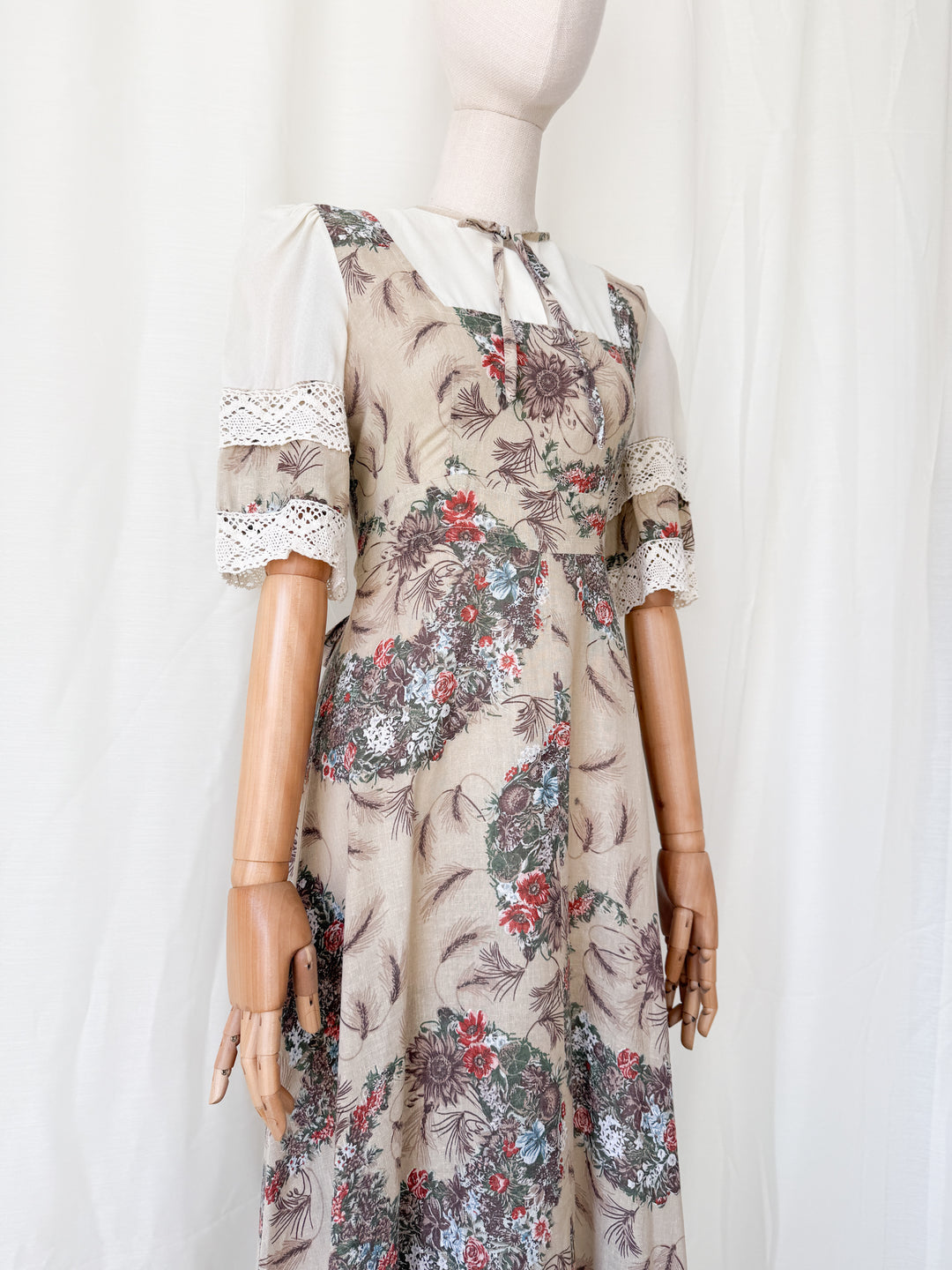 Gorgeous 1970s Natural Raw Cotton Floral Bohemian Maxi Dress by Leygil