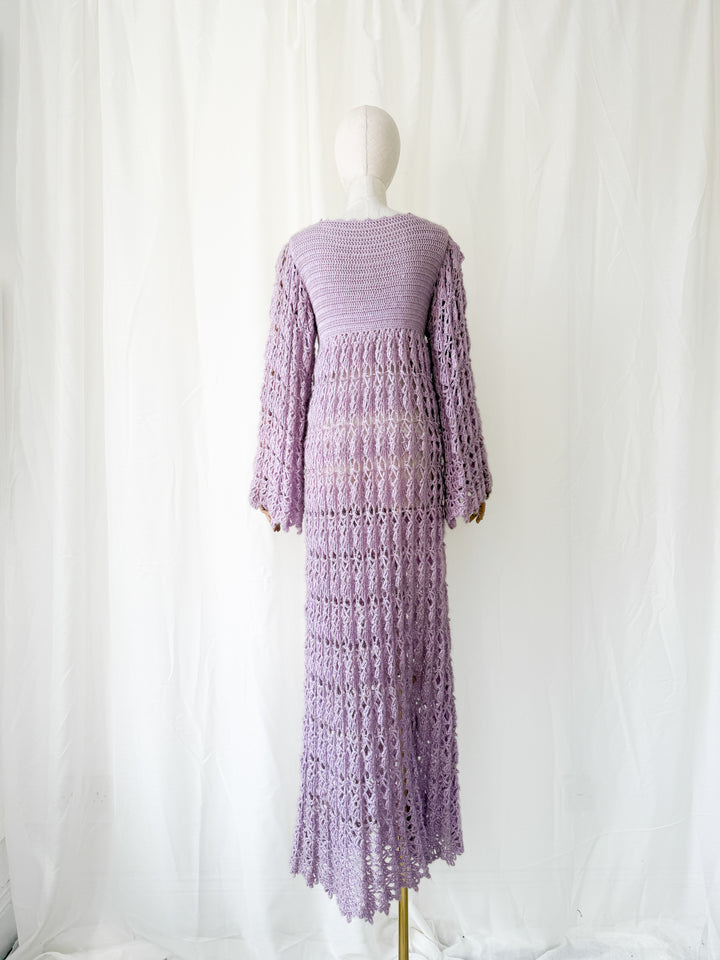 Holy Grail Precious Rare 1970s Lilac Crochet Maxi Dress