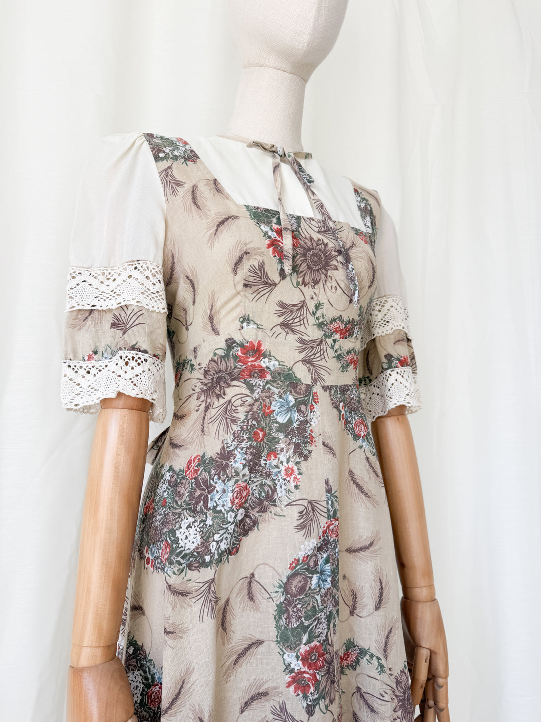 Gorgeous 1970s Natural Raw Cotton Floral Bohemian Maxi Dress by Leygil
