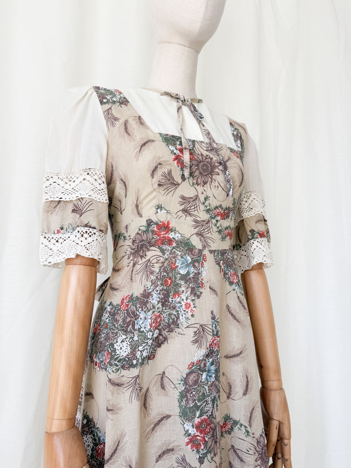 Gorgeous 1970s Natural Raw Cotton Floral Bohemian Maxi Dress by Leygil