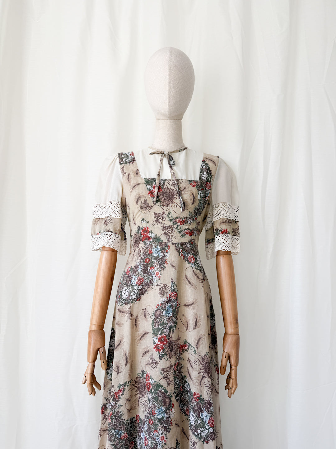Gorgeous 1970s Natural Raw Cotton Floral Bohemian Maxi Dress by Leygil