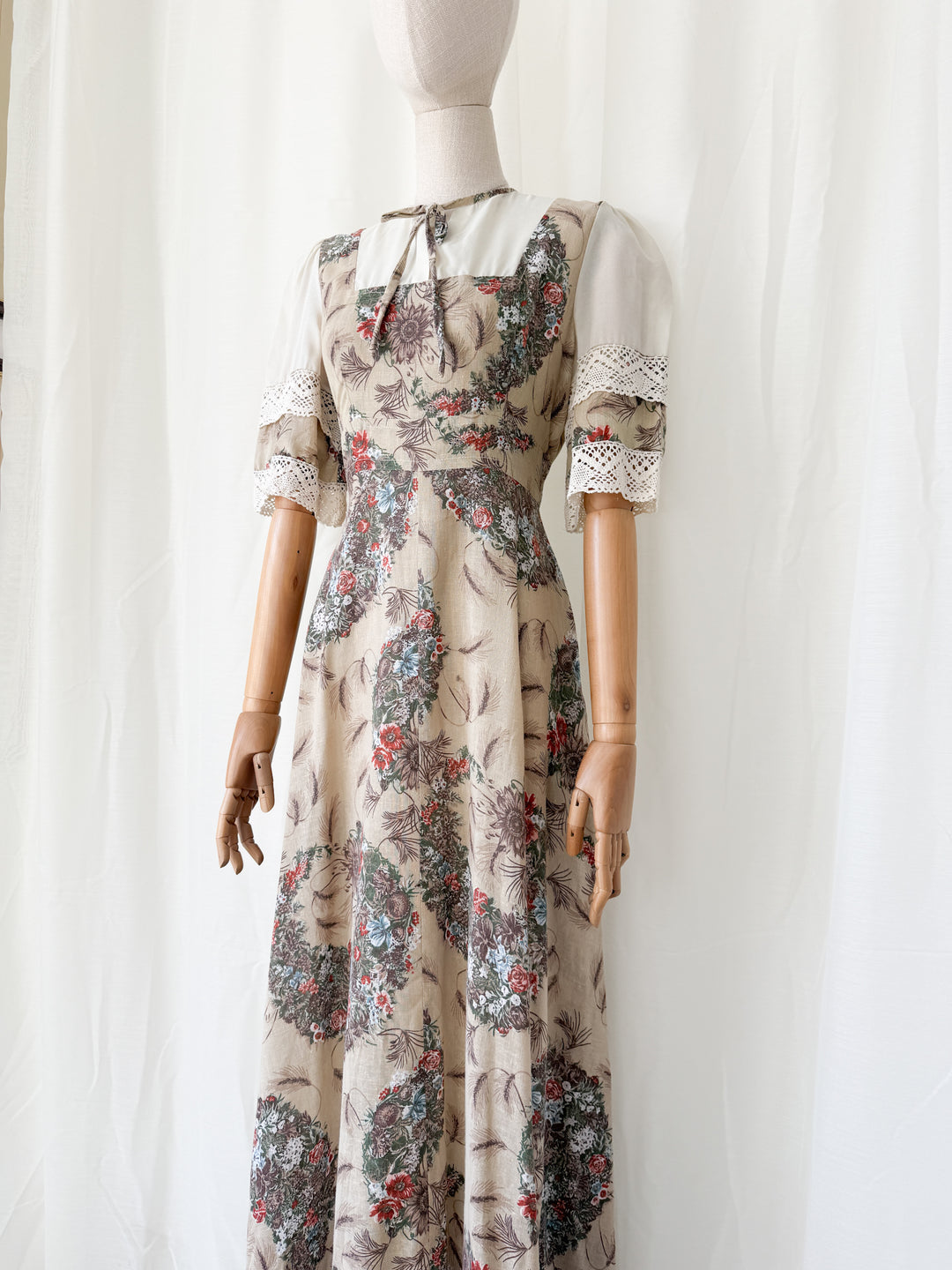 Gorgeous 1970s Natural Raw Cotton Floral Bohemian Maxi Dress by Leygil