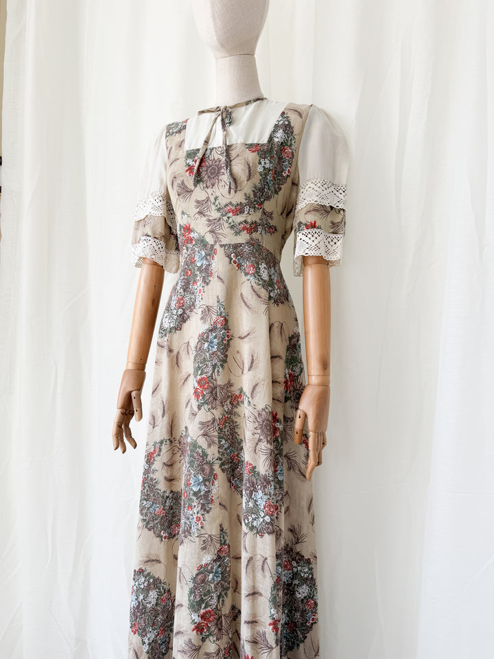Gorgeous 1970s Natural Raw Cotton Floral Bohemian Maxi Dress by Leygil
