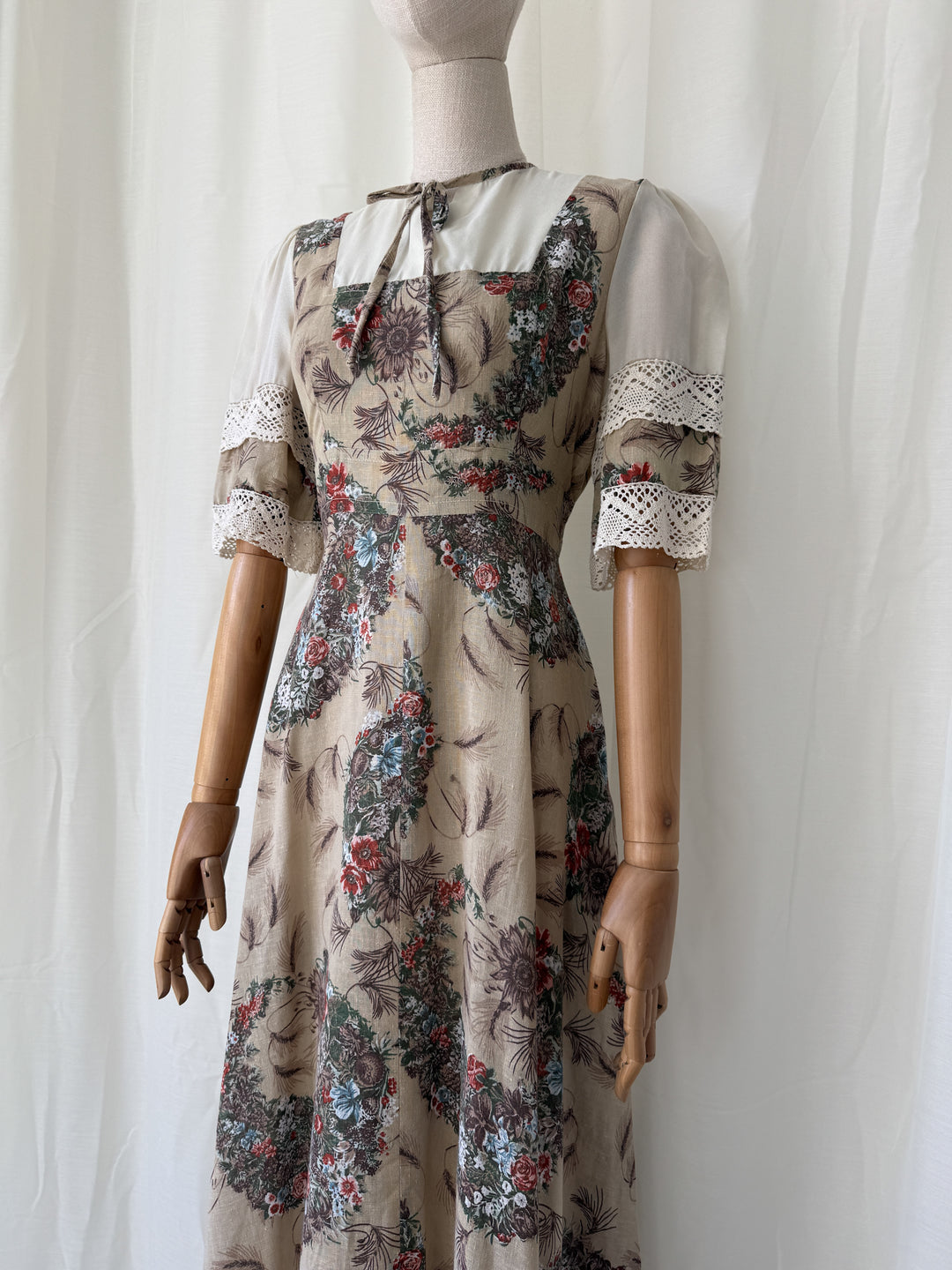 Gorgeous 1970s Natural Raw Cotton Floral Bohemian Maxi Dress by Leygil