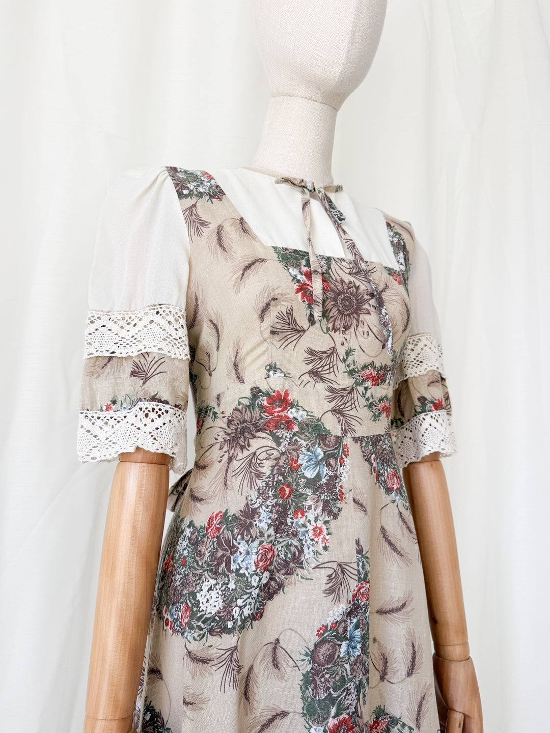 Gorgeous 1970s Natural Raw Cotton Floral Bohemian Maxi Dress by Leygil