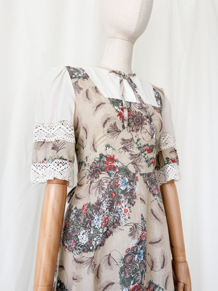 Gorgeous 1970s Natural Raw Cotton Floral Bohemian Maxi Dress by Leygil