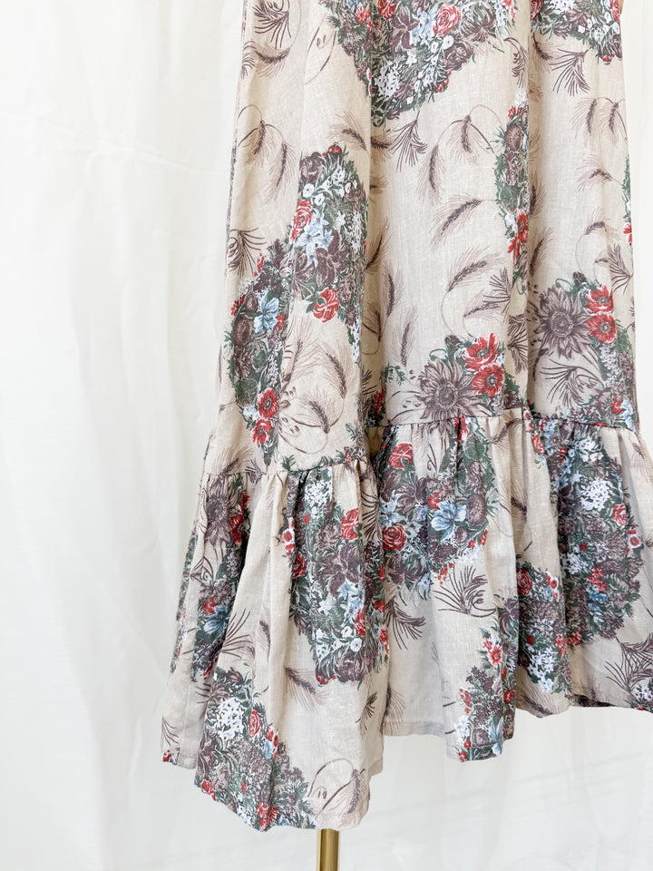 Gorgeous 1970s Natural Raw Cotton Floral Bohemian Maxi Dress by Leygil