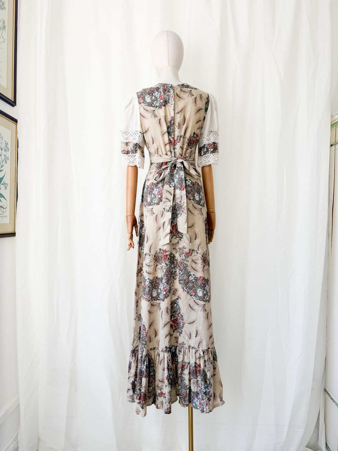 Gorgeous 1970s Natural Raw Cotton Floral Bohemian Maxi Dress by Leygil
