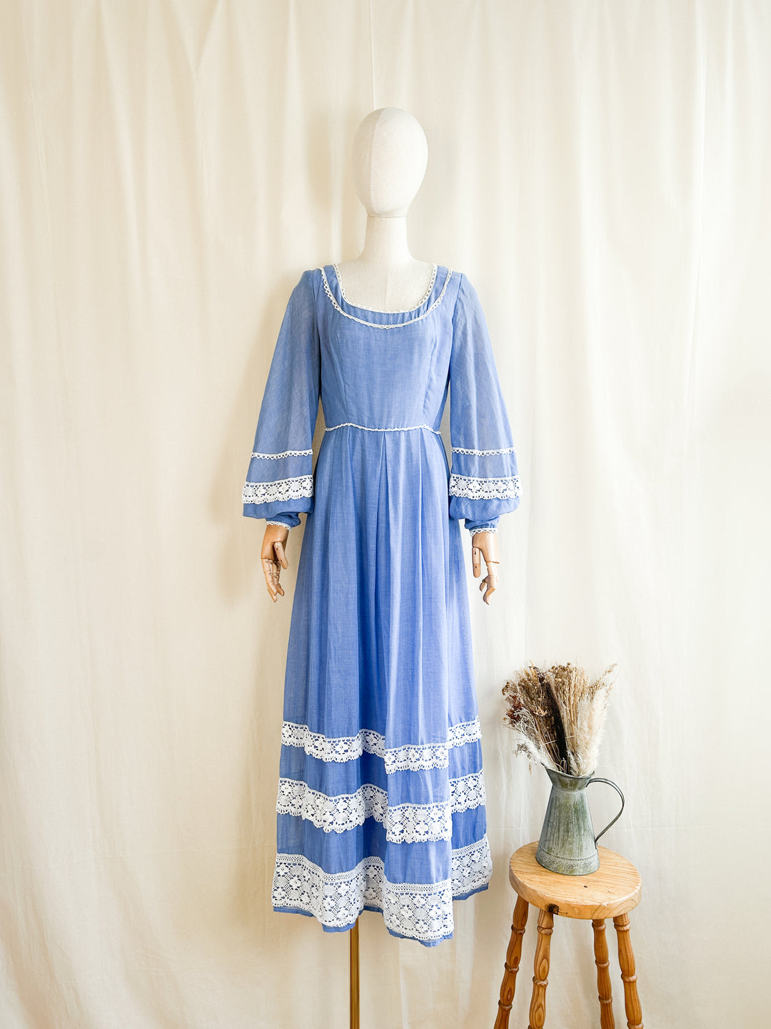 Dreamy Blue 70s Cotton and Crochet Maxi Dress The Pansy Garden Dreamy Blue 70s Cotton and Crochet Maxi Dress The Pansy Garden