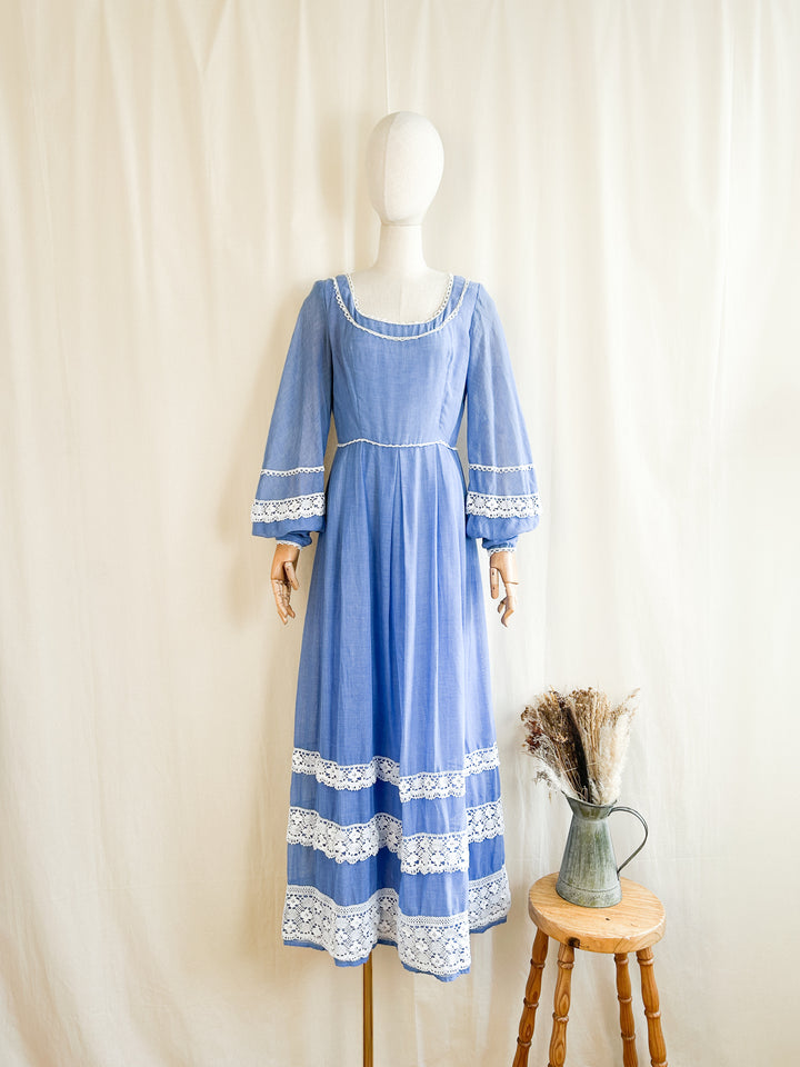 Dreamy Blue 70s Cotton and Crochet Maxi Dress