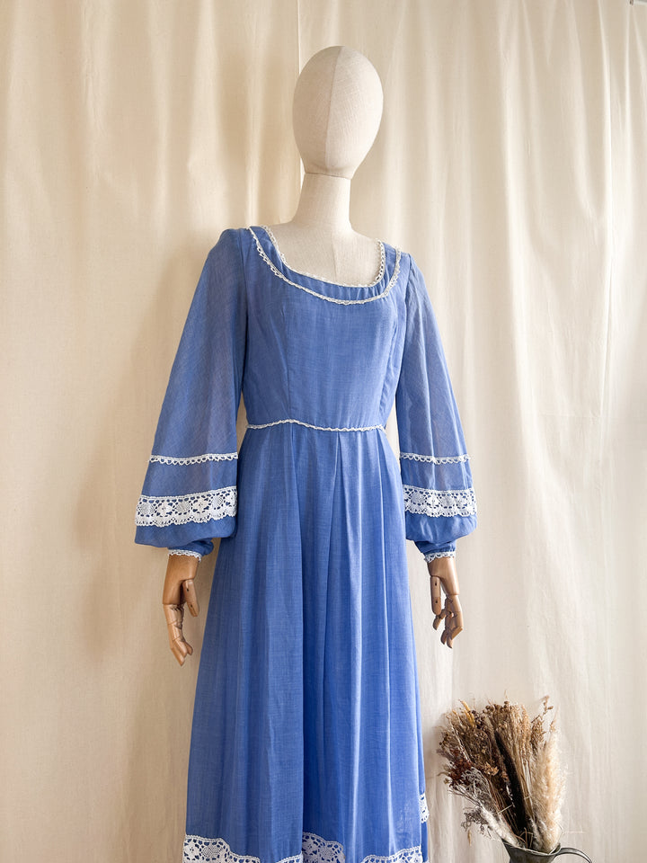 Dreamy Blue 70s Cotton and Crochet Maxi Dress