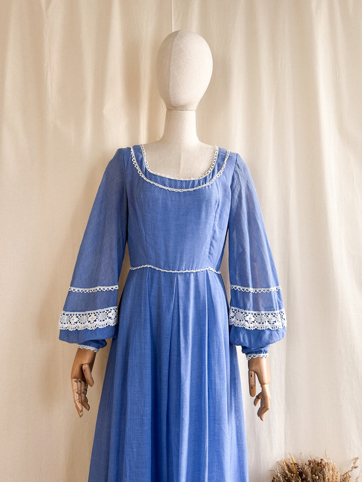 Dreamy Blue 70s Cotton and Crochet Maxi Dress