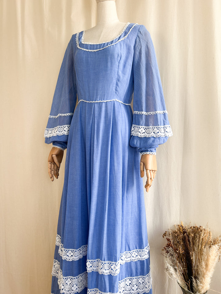 Dreamy Blue 70s Cotton and Crochet Maxi Dress