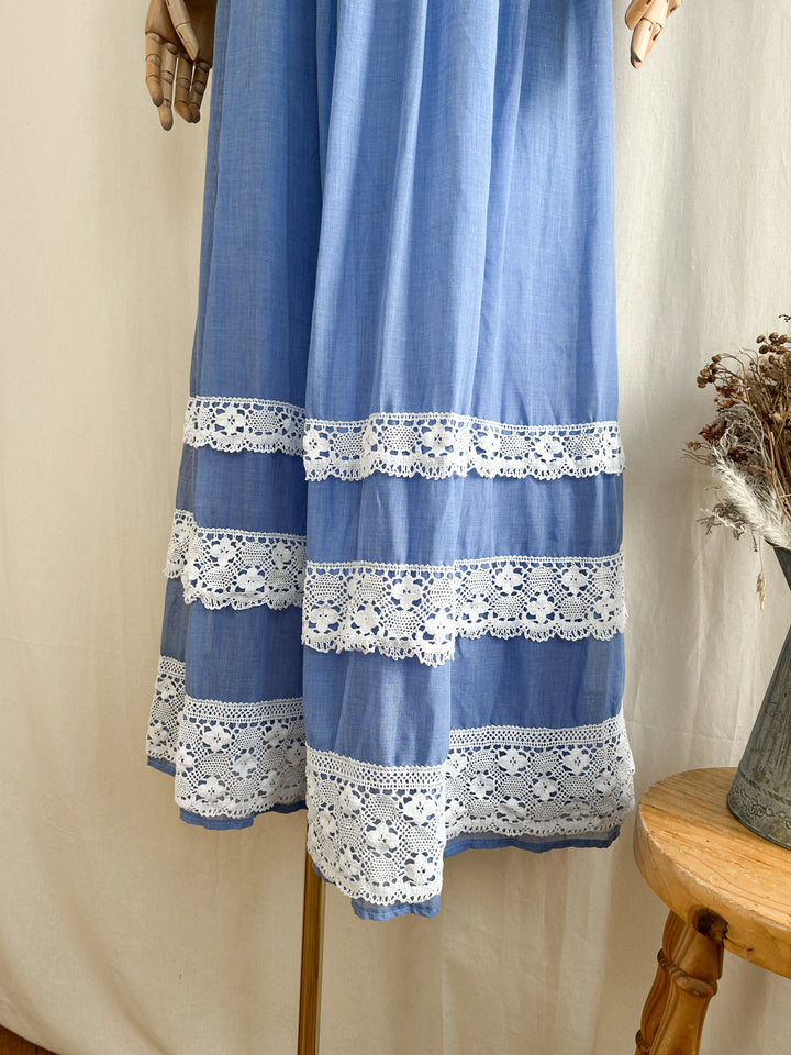 Dreamy Blue 70s Cotton and Crochet Maxi Dress