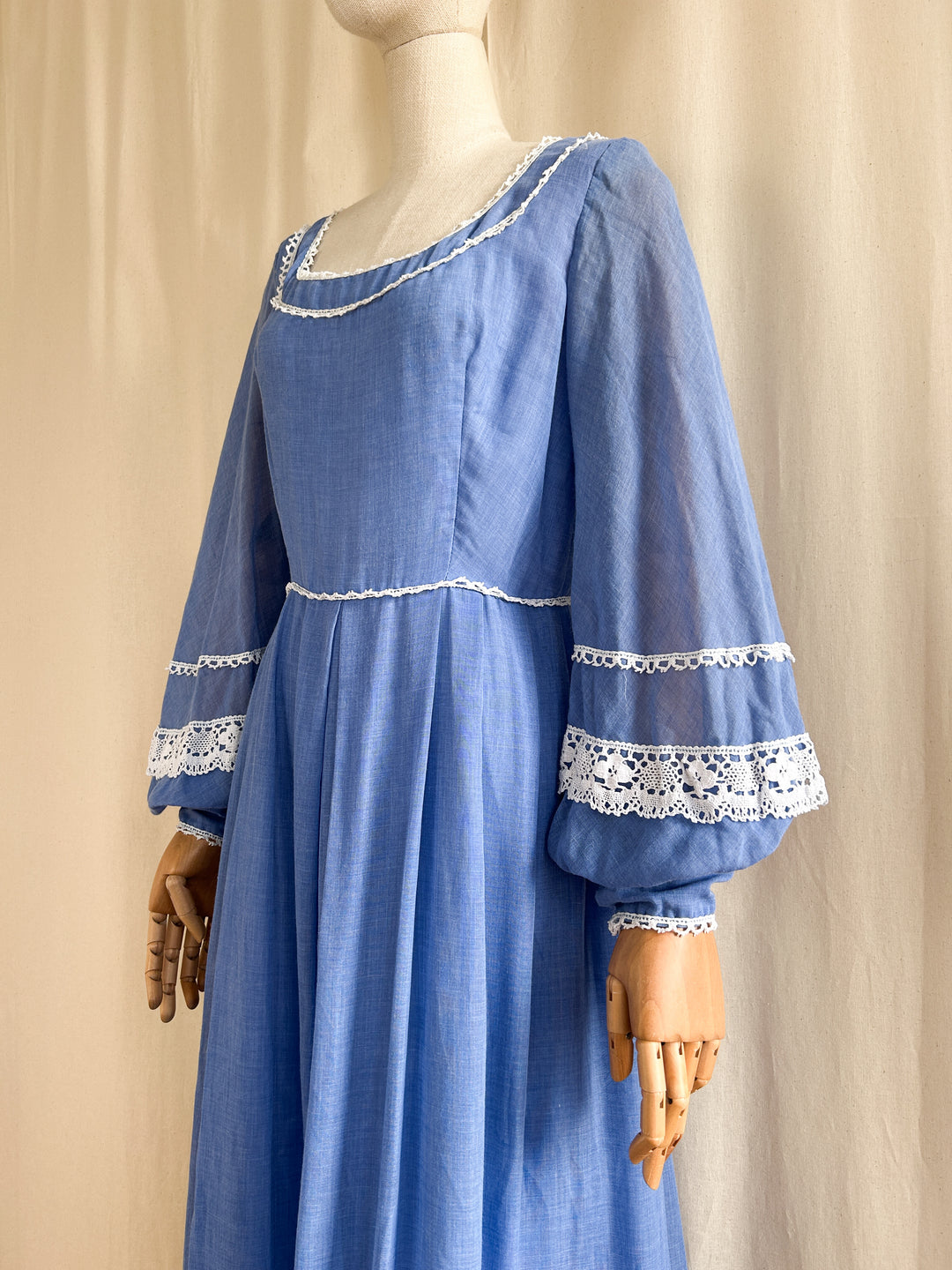 Dreamy Blue 70s Cotton and Crochet Maxi Dress