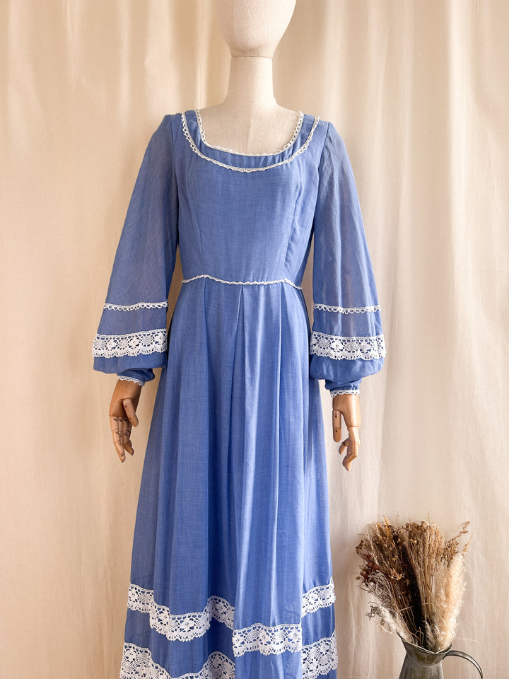 Dreamy Blue 70s Cotton and Crochet Maxi Dress